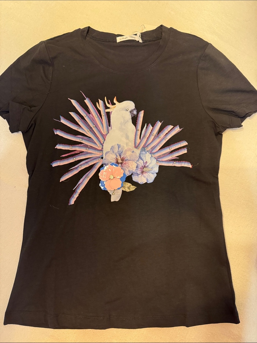 Women's Black Short Sleeve Tee with Parrot & Floral Tangible Graphic
